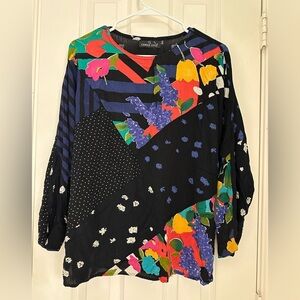 Vintage Carole Little abstract multicolor patchwork long-sleeved blouse size M/L